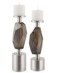 Ore - Candleholders (Set of 2) - Dark Brown & Pearl Silver