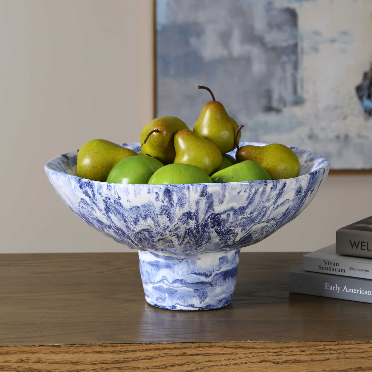 Indigo - Marble Pedestal Bowl - Blue,White