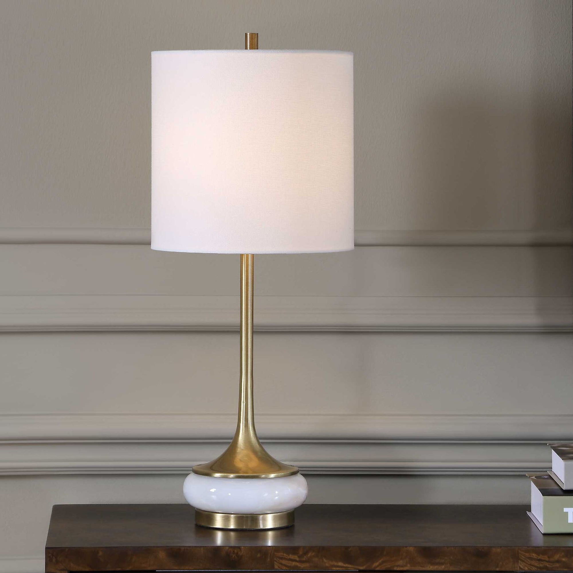Molena - Brass &amp; Pearly Stone Table Lamp - Brass,Gold,White