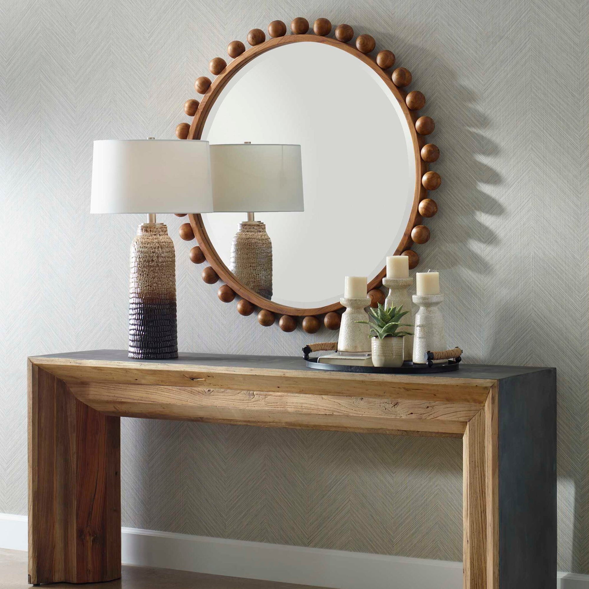 Cyra - Wood Beaded Round Mirror - Bronze