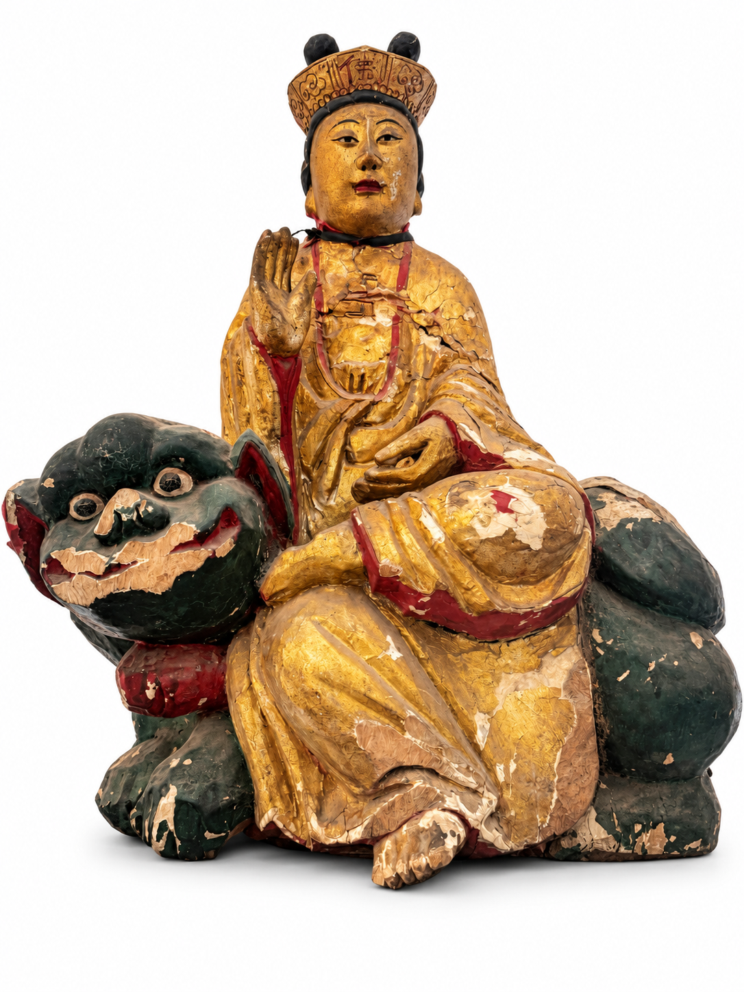 Antique Gilded Deity on Guardian Lion Sculpture