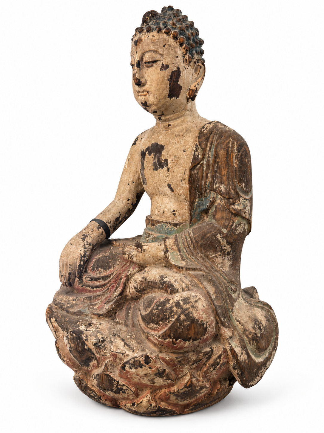 17th-Century Antique Polychrome Wooden Buddha