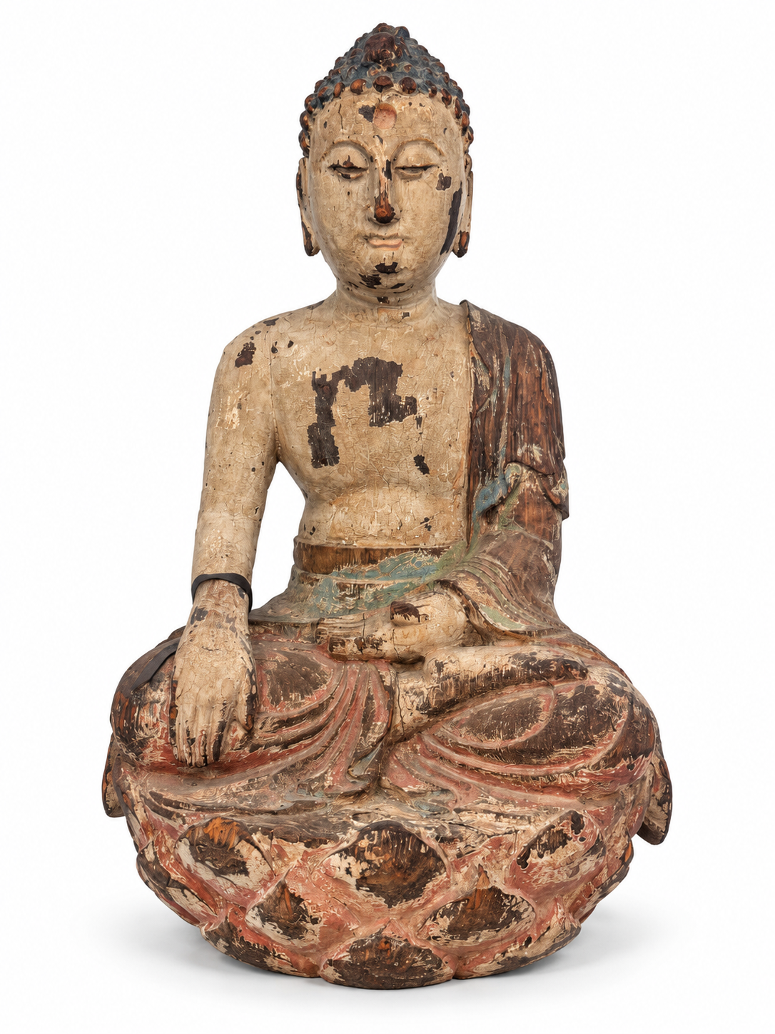 17th-Century Antique Polychrome Wooden Buddha
