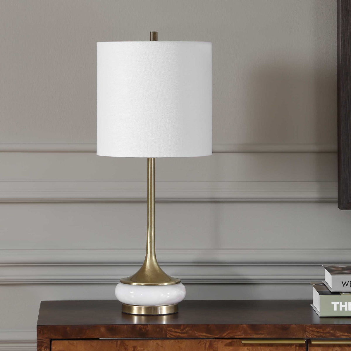 Molena - Brass &amp; Pearly Stone Table Lamp - Brass,Gold,White